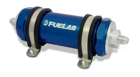 Fuelab 858 In-Line Fuel Filter Long -10AN In/-8AN Out 6 Micron Fiberglass w/Check Valve - Blue