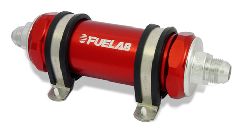 Fuelab 858 In-Line Fuel Filter Long -10AN In/-8AN Out 6 Micron Fiberglass w/Check Valve - Red