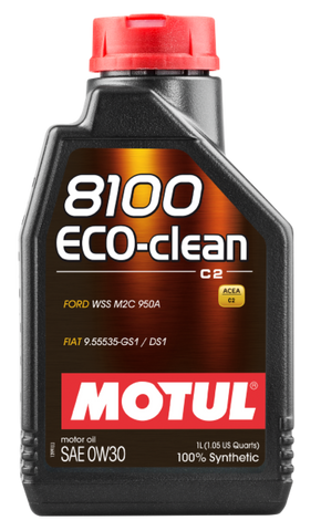 Motul 1L Synthetic Engine Oil 8100 Eco-Clean 0W30 12X1L - Acea C2/API SM - 1L - Single