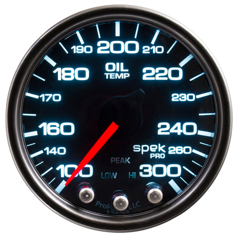 Autometer Spek-Pro Gauge Oil Temp 2 1/16in 300f Stepper Motor W/Peak & Warn Blk/Smoke/Blk