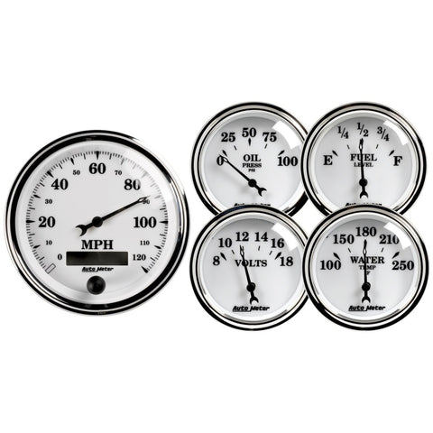 Autometer Old Tyme White II 5 Piece Kit (Elec Speed/Oil Press/Water Temp/Volt/Fuel Level)
