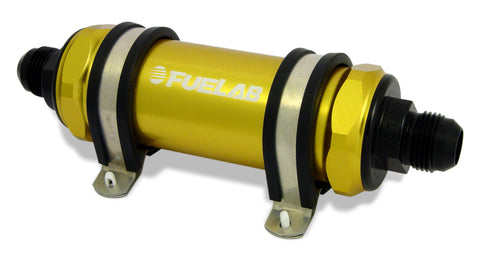 Fuelab 858 In-Line Fuel Filter Long -10AN In/-8AN Out 6 Micron Fiberglass w/Check Valve - Gold