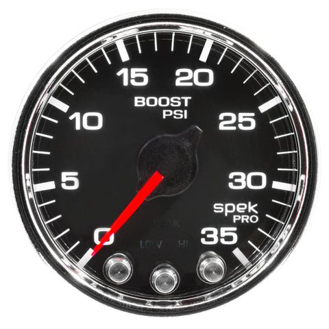 Autometer Spek-Pro Gauge Boost 2 1/16in 35psi Stepper Motor W/Peak & Warn Black/Chrome