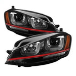 Spyder Volkswagen Golf VII 14-16 Projector Headlights DRL LED Red Stripe Blk PRO-YD-VG15-RED-DRL-BK