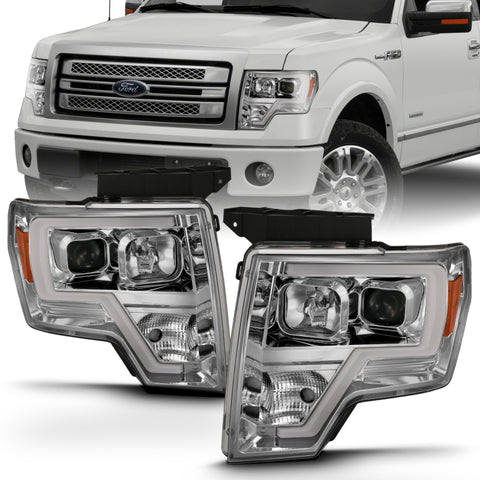 ANZO 2009-2014 Ford F-150 Projector Headlight Plank Style Chrome Amber