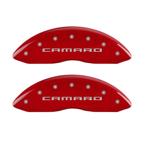 MGP 4 Caliper Covers Engraved Front Gen 5/Camaro Engraved Rear Gen 5/RS Red finish silver ch