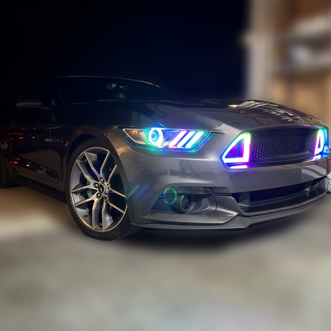 gray Mustang with custom lights